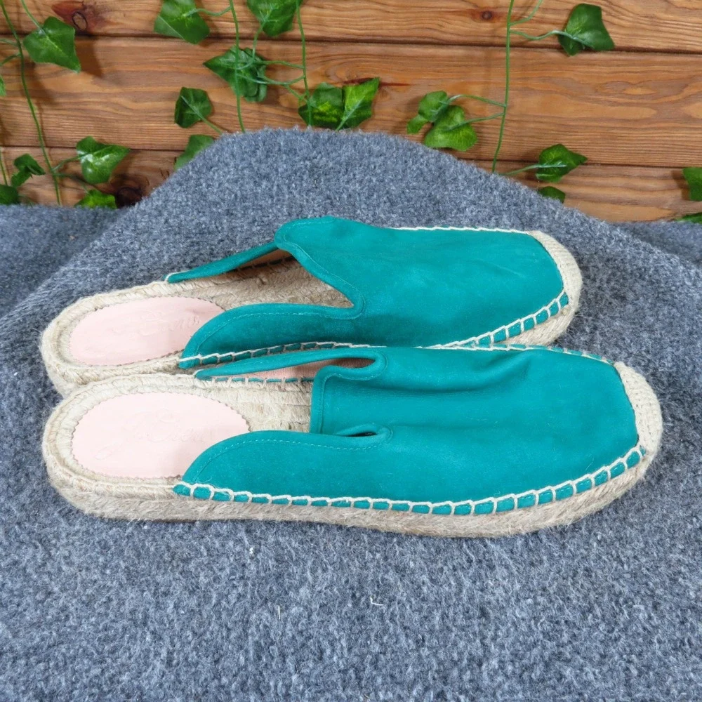 J. Crew AY314 Womens Suede Espadrille Mules 7.5 Summer Slip On Teal Green